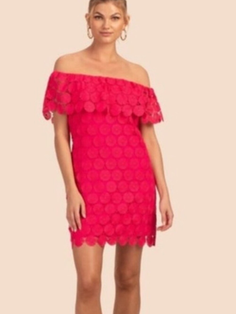 Off-Shoulder Hot Pink Floral Lace Shift Dress